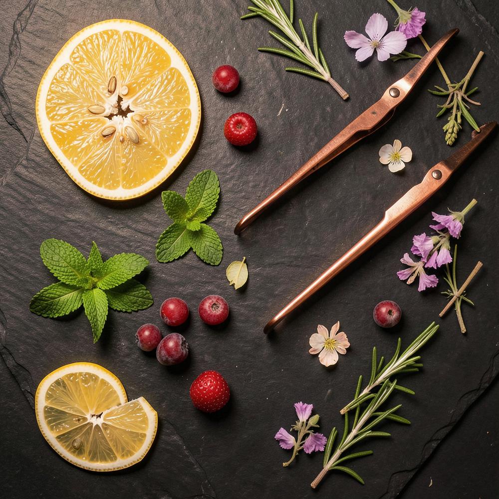 Fresh garnishes laid out on slate