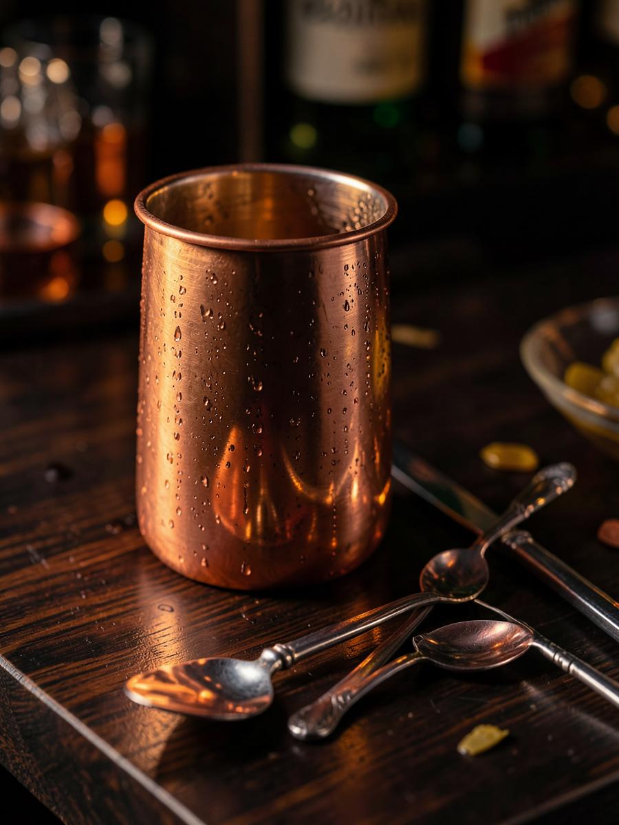 Copper bar tools on dark wood